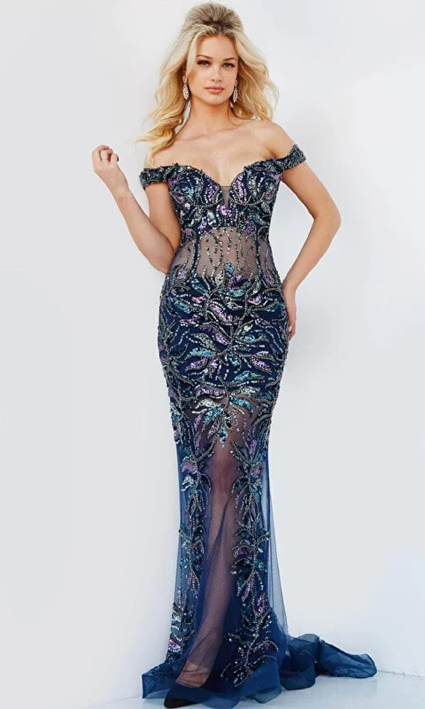 Formal Dress for Polo MatchesJovani 23760 - Off Shoulder Beaded Translucent Gown