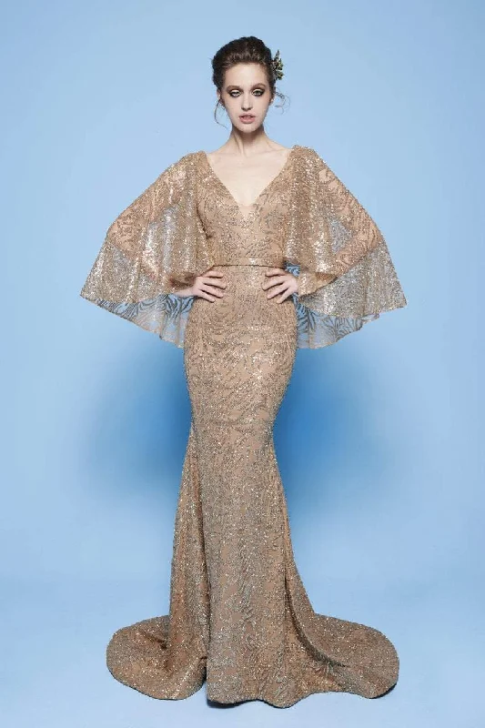 Formal Dress for Large WeddingsMNM Couture - N0245 Sequin Embellished Mermaid Gown with Cape Sleeves