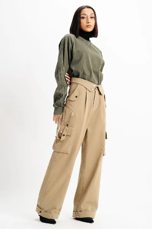 women's denim jeans for partiesPale Khaki Flap Detail Waistband Cargos