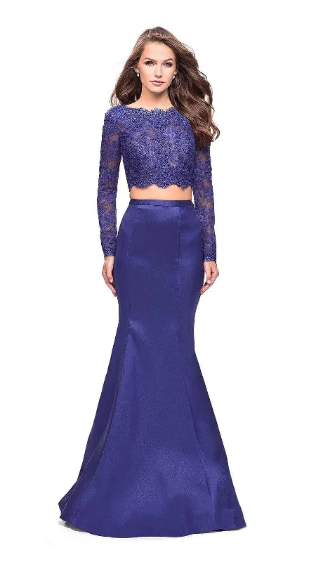 Formal Dress Shops in New YorkLa Femme - 25324 Two-Piece Long Sleeve Lace Bodice Mikado Gown