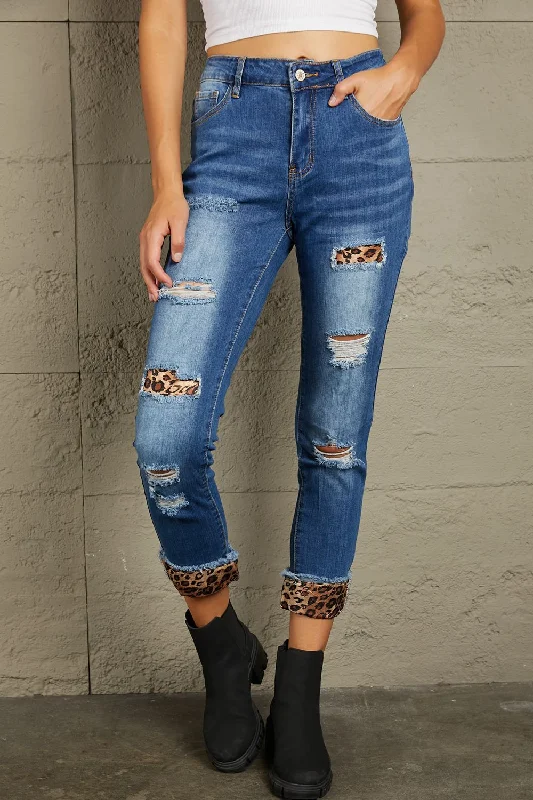 women's dark denim jeansBaeful Leopard Patch Distressed Cropped Jeans