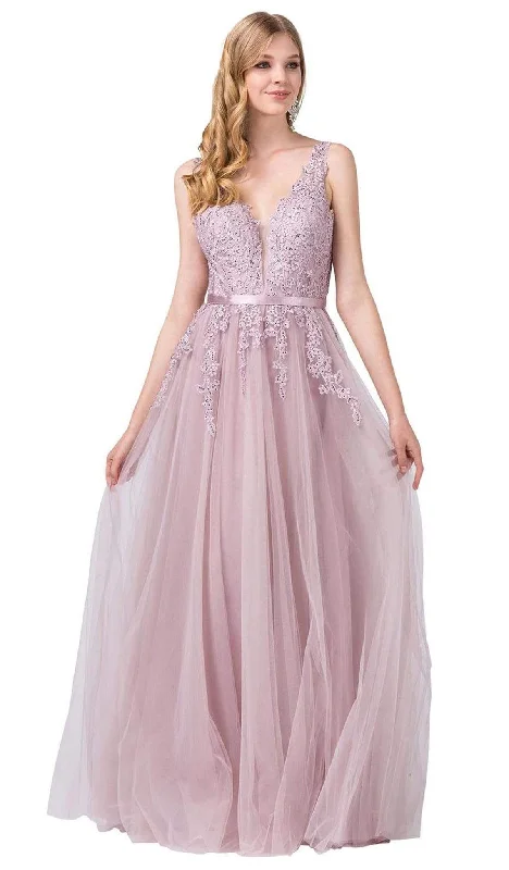 Formal Dress for Film PremieresDancing Queen - 2596 Illusion Plunging Neck Floral Applique Tulle Gown