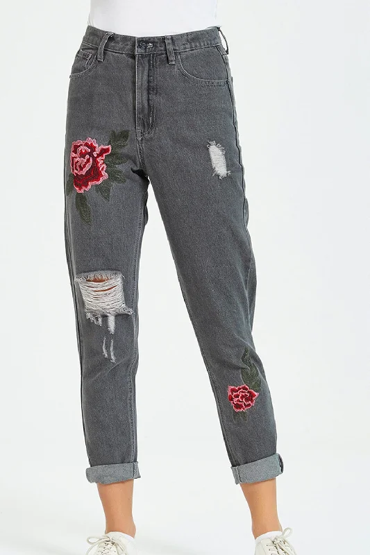 women's denim jeans with leather patchesFlower Embroidery Distressed Jeans