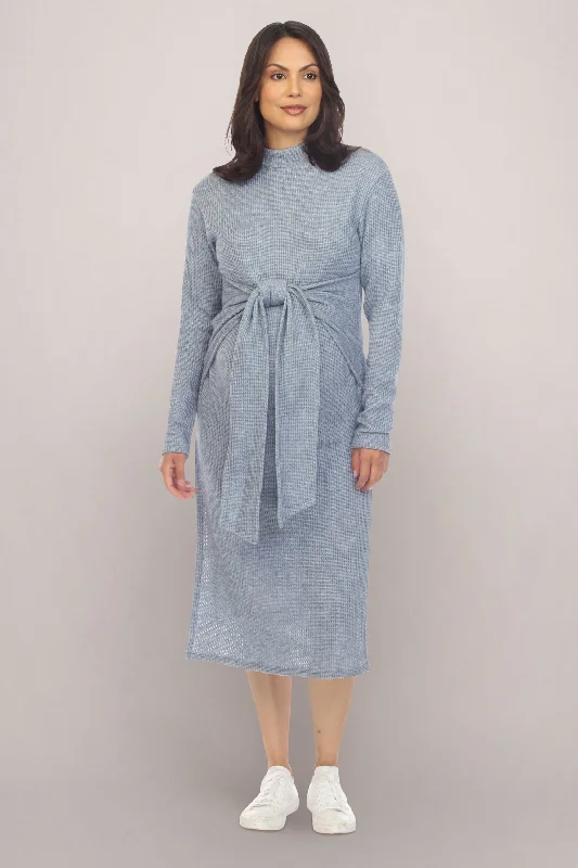 breathable midi dressesBlue Long Sleeve Maternity Midi Dress with Bow Front