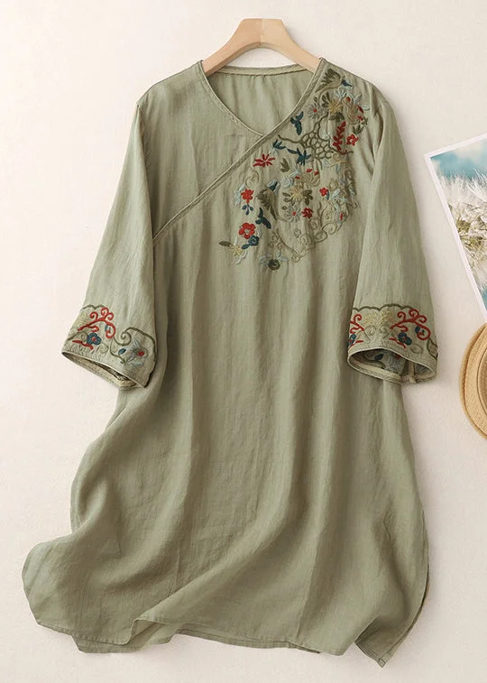 cotton blend midi dressesLoose Green V Neck Embroidered Side Open Cotton Mid Dress Half Sleeve