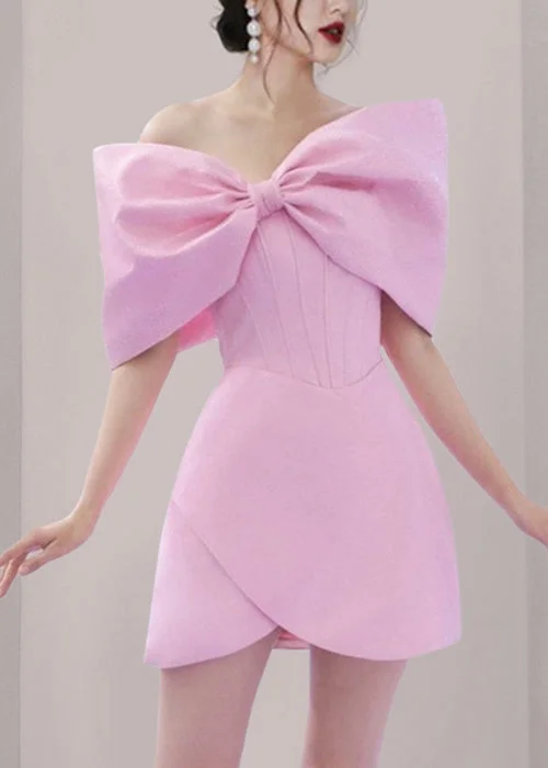 high-low midi dressesElegant Pink Bow Solid Cotton Mid Dress Summer