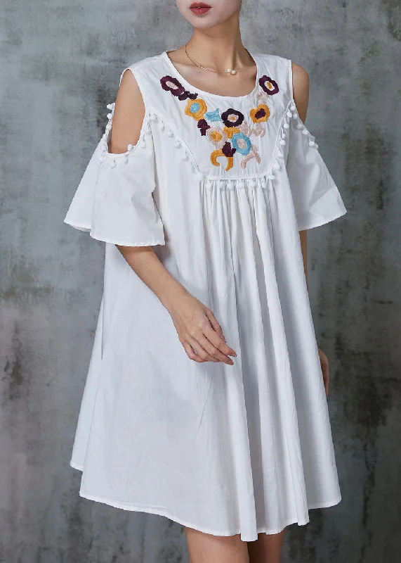 midi fit-and-flare dressesWhite Cotton Mid Dress Tasseled Embroidered Summer