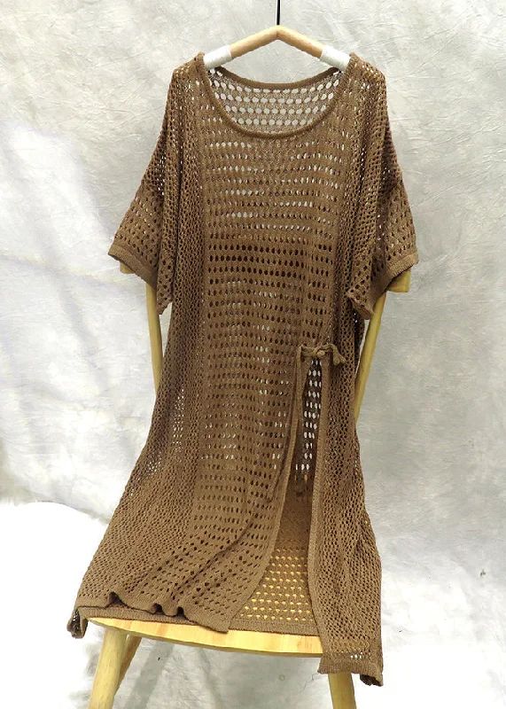 cotton midi dressesNew Coffee O Neck Hollow Out Side Open Knit Mid Dress Summer