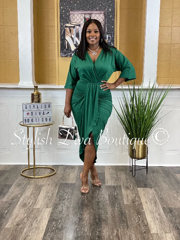 high-low midi dressesChandler V Cut Ruched Midi Dress up to 3XL (Hunter Green)