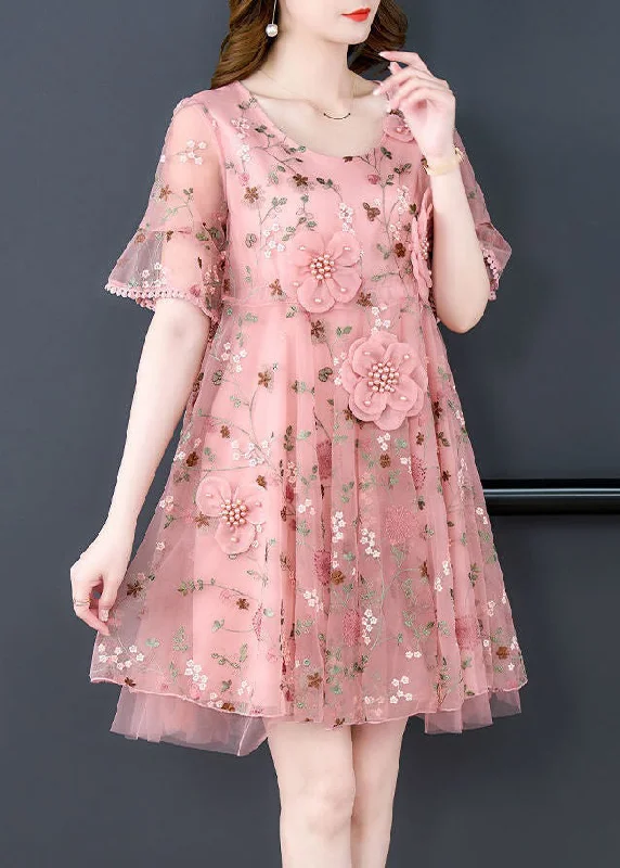 mini midi dressesPink Embroidered Tulle Mid Dress O Neck Short Sleeve