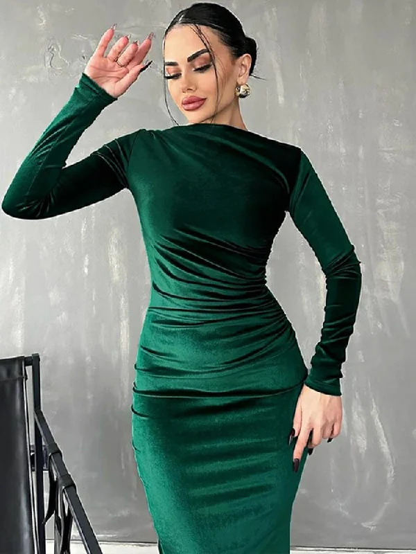 midi dresses with zippersVelvet Long Sleeve Midi Dress - Elegant Party Clothes for Christmas Party