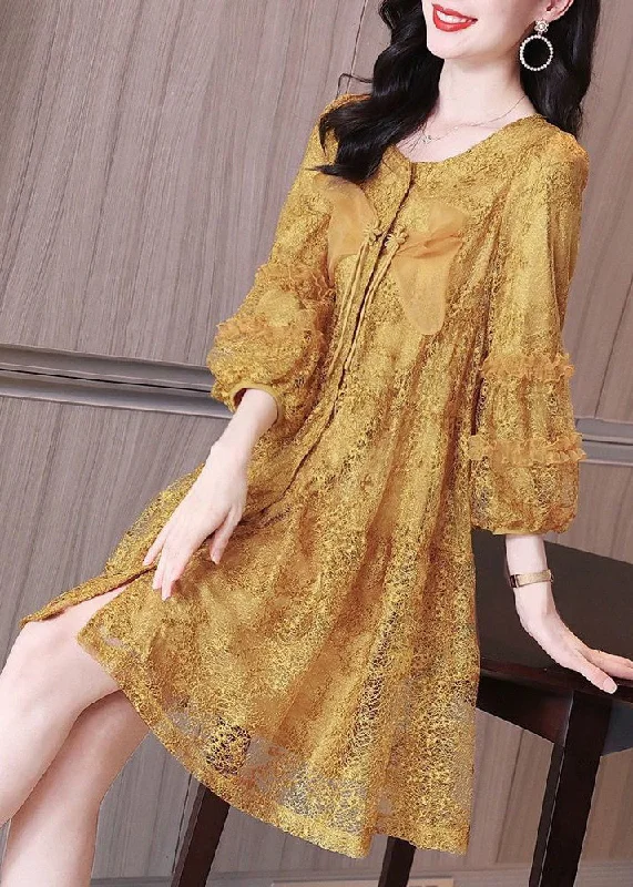 open-back midi dressesItalian Yellow Ruffled Button Lace Shirt Mid Dress Bracelet Sleeve