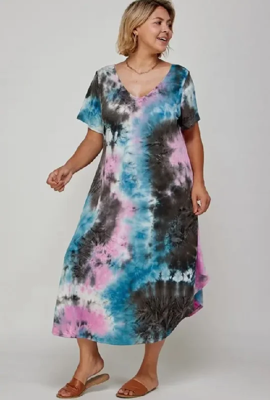 ruffled midi dressesDresses - Tie Dye V Neck MIDI, Teal/Gray/Pink, Plus Size