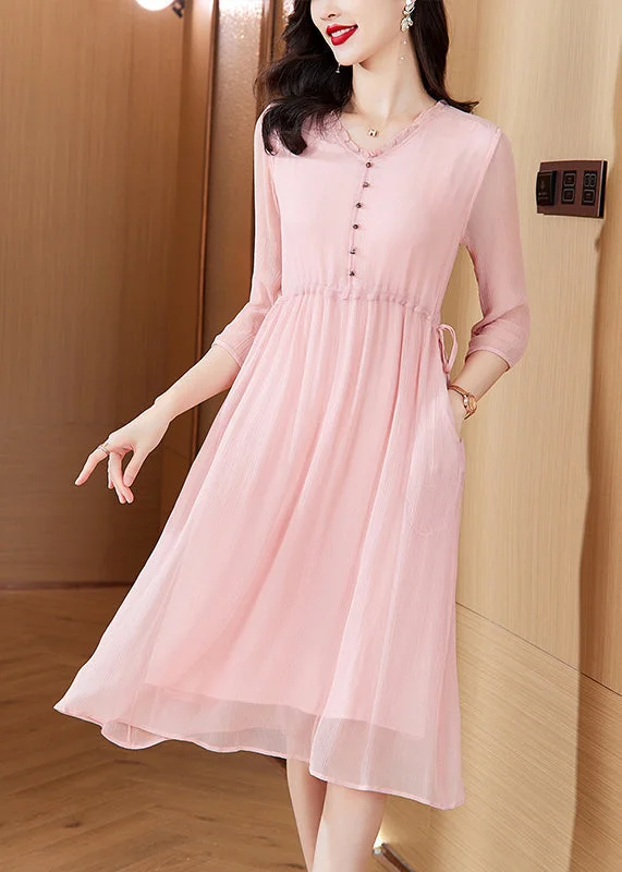 midi dresses with pockets and sleevesStyle Pink V Neck Drawstring Chiffon Mid Dresses Summer