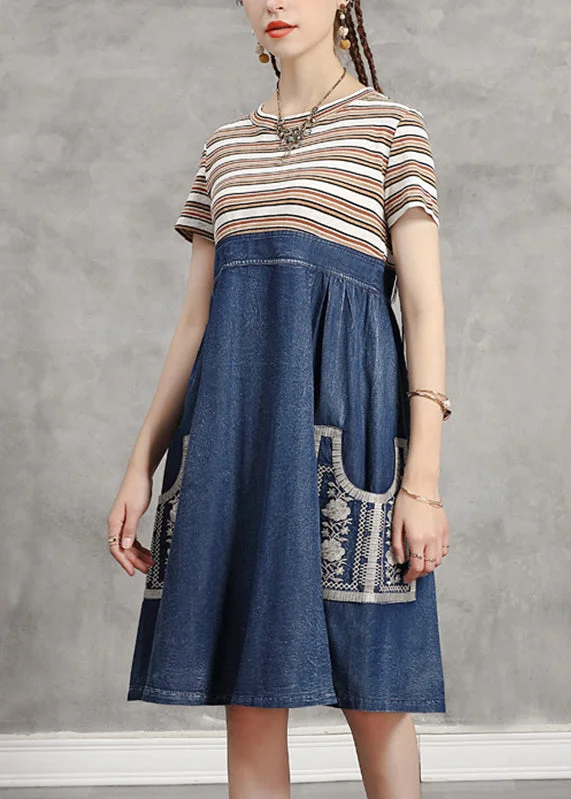 long-sleeved midi dressesCasual Blue O-Neck Striped Knit Patchwork Denim Mid Dress Short Sleeve