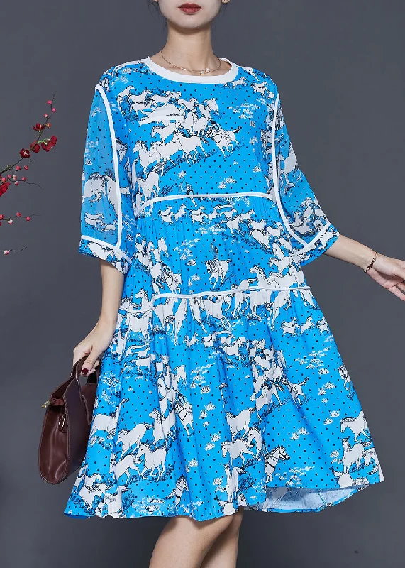 off-the-shoulder midi dressesFrench Blue Oversized Print Chiffon Mid Dress Summer