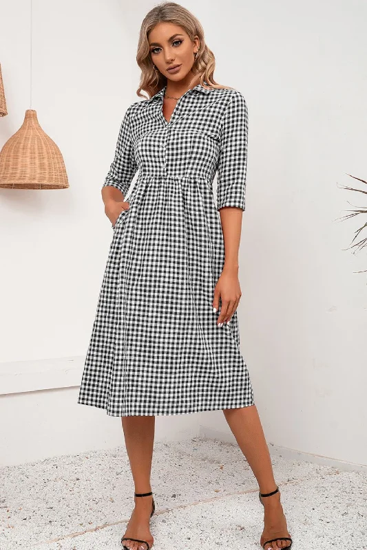 button-down midi dressesPlaid Collared Neck Midi Dress