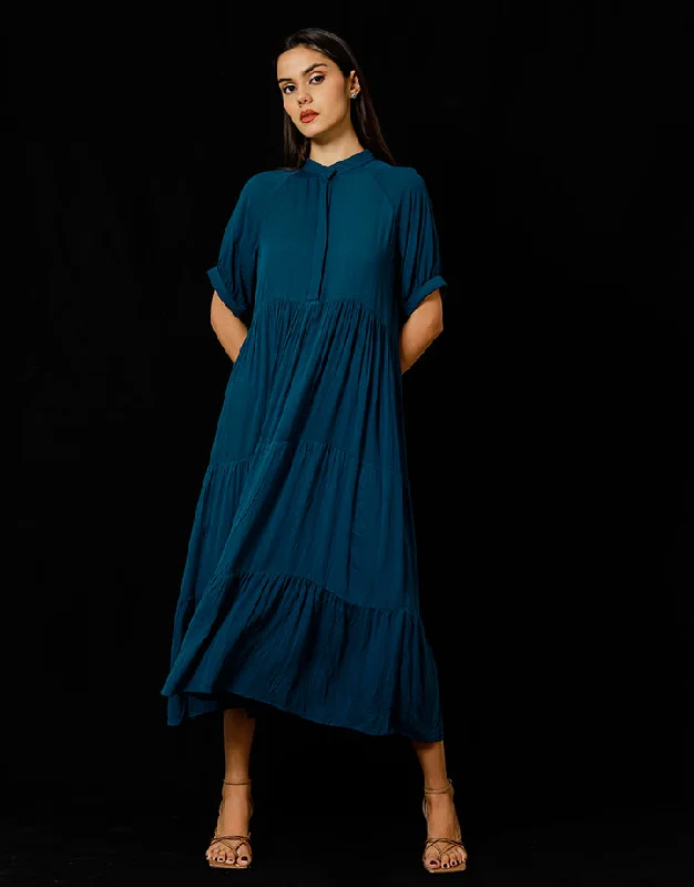 stretchy midi dressesTiered Midi Dress with Front Buttons