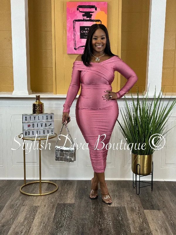 affordable midi dressesMalia Off Shoulder Midi Dress up to 3XL (Pink)