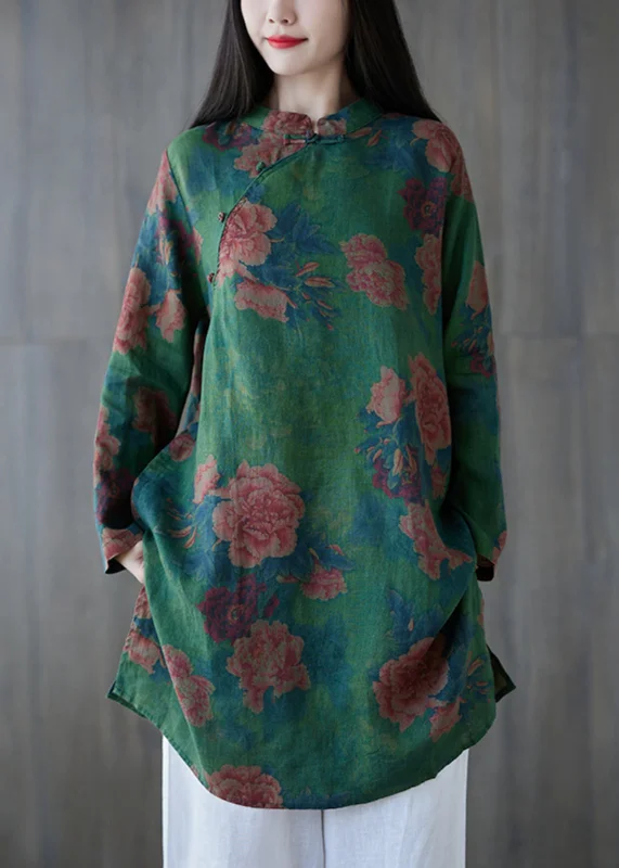 short sleeve midi dressesElegant Green Button Print Linen Mid Dress Long Sleeve