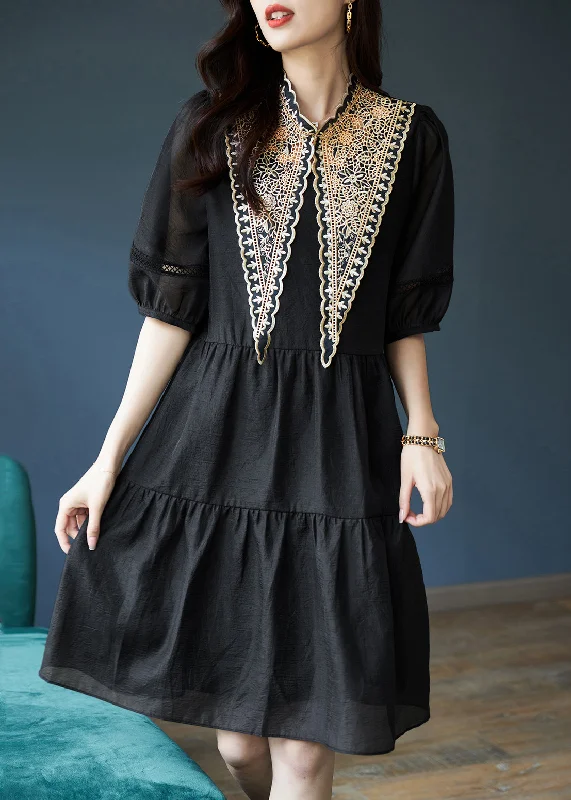 midi dresses with buttonsWomen Black Patchwork Cotton Mid Dress Puff Sleeve