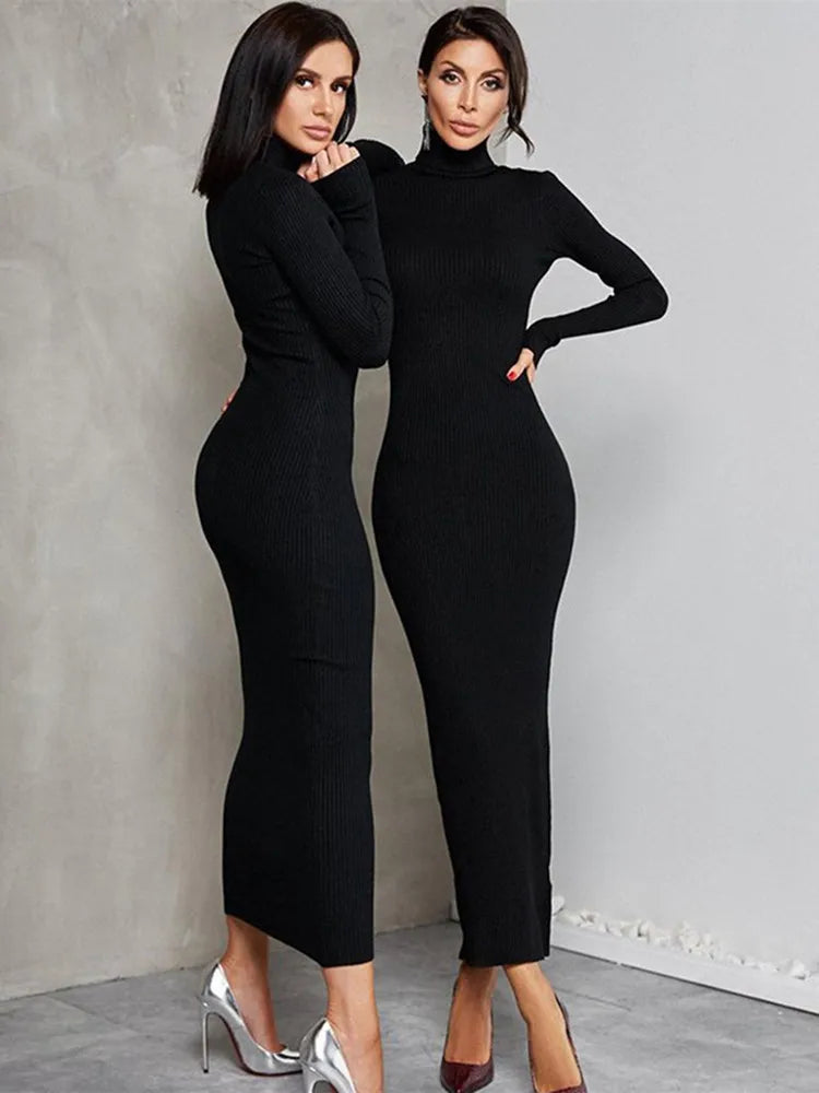 midi dresses for special occasionsDressBetty - 2024 Elegant Spring Turtleneck Knitted Ribbed Sheath Midi Bodycon Dress