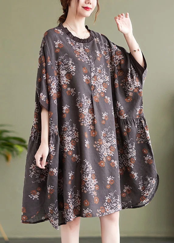 casual midi dressesNatural Chocolate O-Nec Ruffled Patchwork Print Mid Dress Half Sleeve