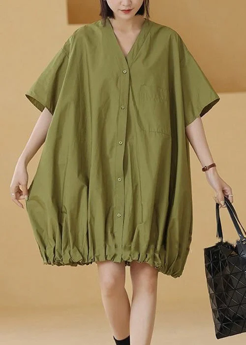 midi dresses with lace detailsPlus Size Green Solid Button Cotton Shirts Mid Dress Short Sleeve