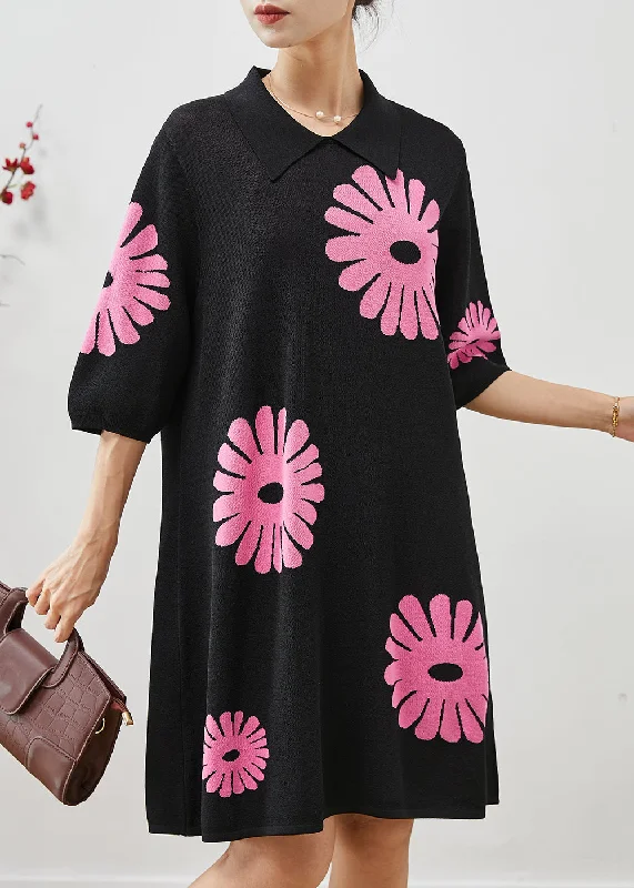 everyday midi dressesFrench Black Peter Pan Collar Floral Cotton Mid Dresses Summer