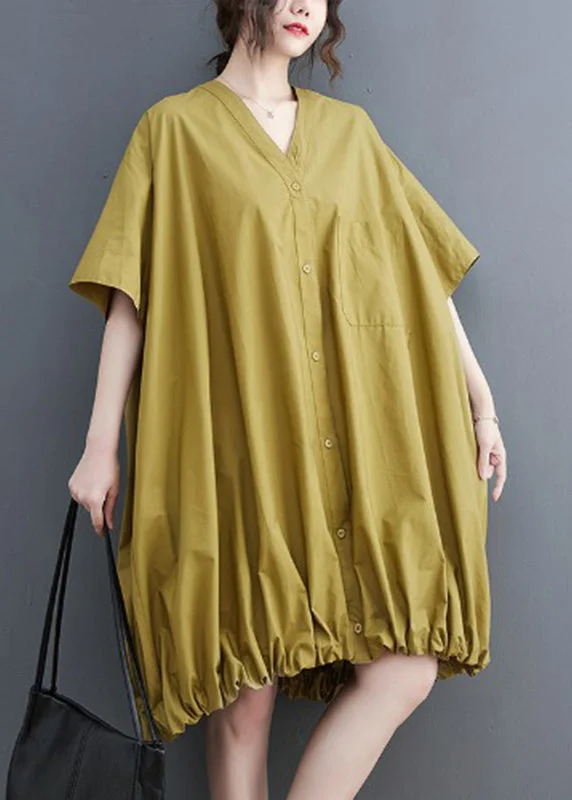 elegant evening midi dressesStylish Yellow V Neck Drawstring Mid Dress Summer