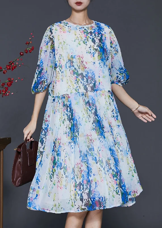 midi party dressesBoho Blue Print Chiffon Mid Dress Lantern Sleeve