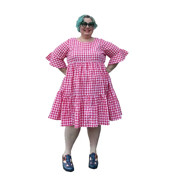 polyester midi dressesPink Gingham Midi Plus Size Ruffle dress