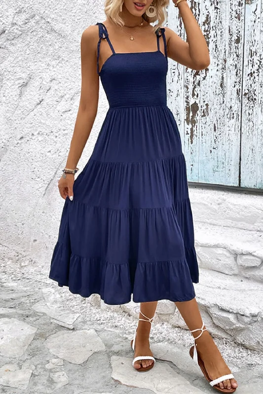 cinched-waist midi dressesTie-Shoulder Tiered Midi Dress