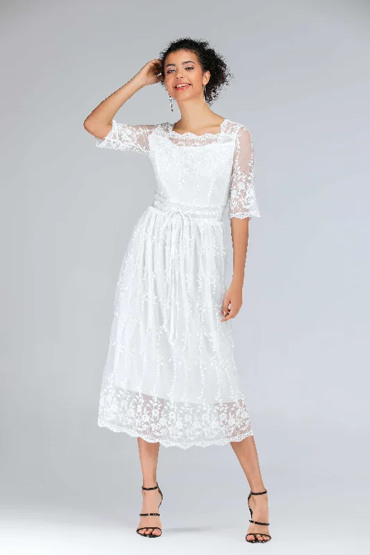 cotton midi dressesScalloped Lace Half Sleeve Midi Dress