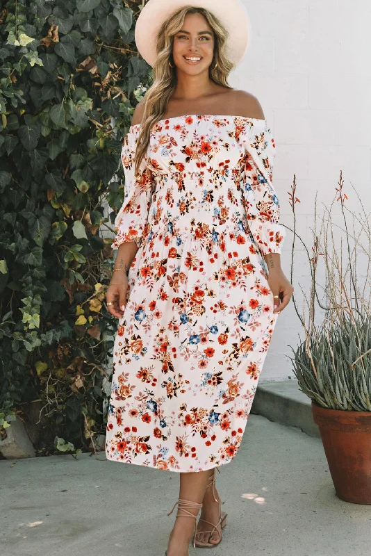 elegant evening midi dressesFloral Off-Shoulder Smocked Midi Dress