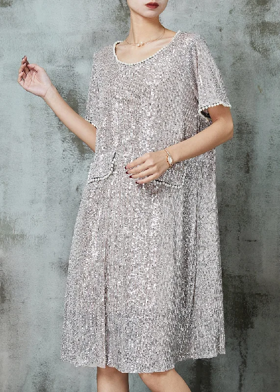 button-down midi dressesSilvery Sequins Mid Dress Nail Bead Summer