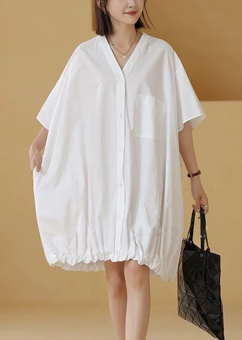 midi dresses with zippersWhite Wrinkled Pockets Cotton Blouses Mid Dress V Neck Summer