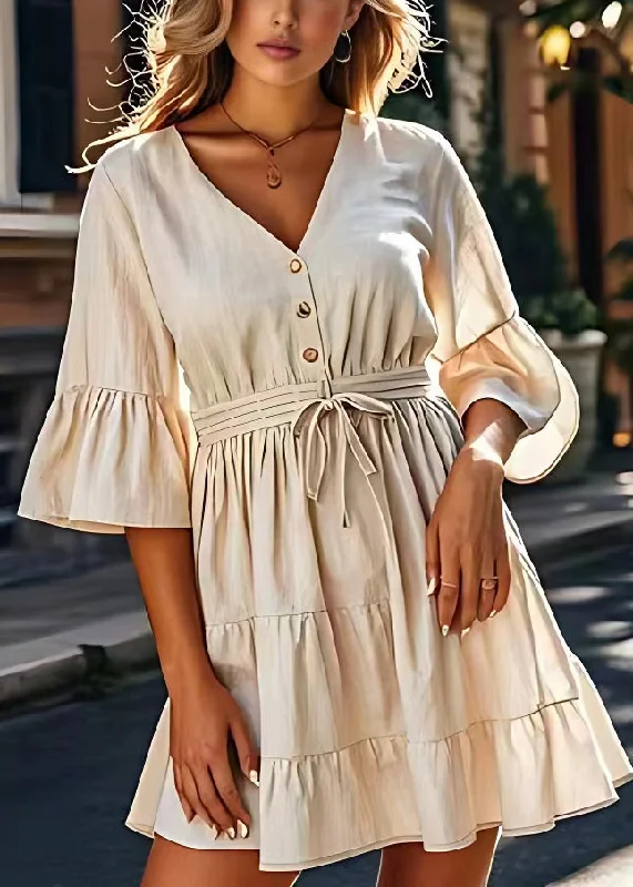 midi dresses with spaghetti strapsModern Beige V Neck Lace Up Wrinkled Cotton Mid Dresses Summer