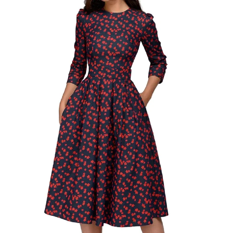 fitted midi dressesDressBetty - Vintage Print Midi Evening Sleeves A-Line O-Neck Dress