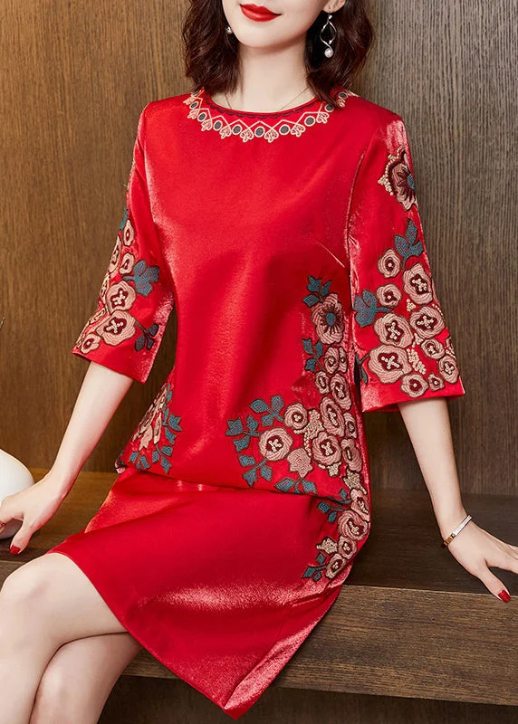 midi dresses in solid colorsBeautiful Red O-Neck Print Silk Mid Dress Half Sleeve