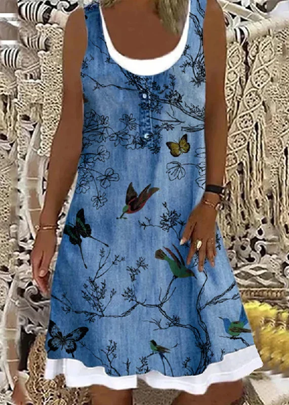 floral midi dressesItalian Bird Print False Two Pieces Denim Mid Dress Sleeveless