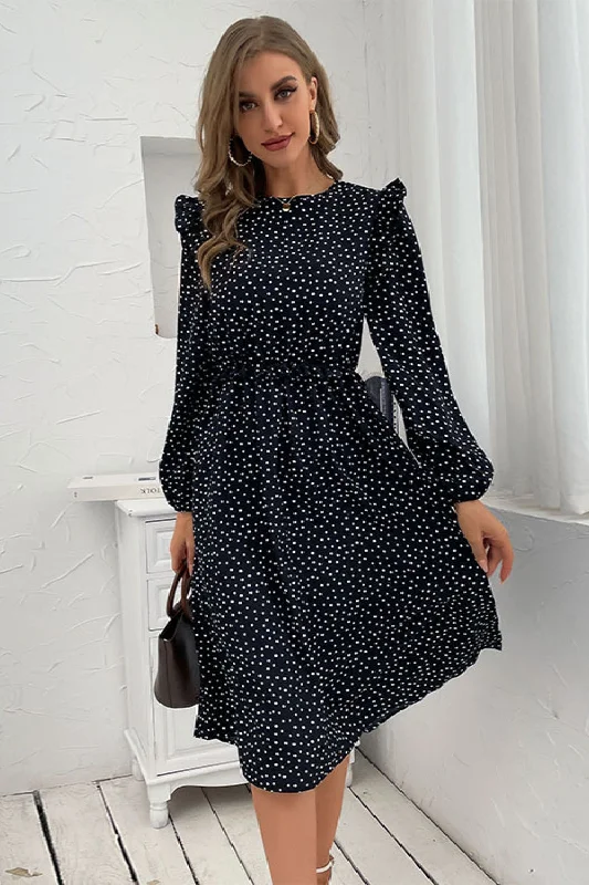 midi pencil dressesPolka Dot Ruffled Shoulder Midi Dress