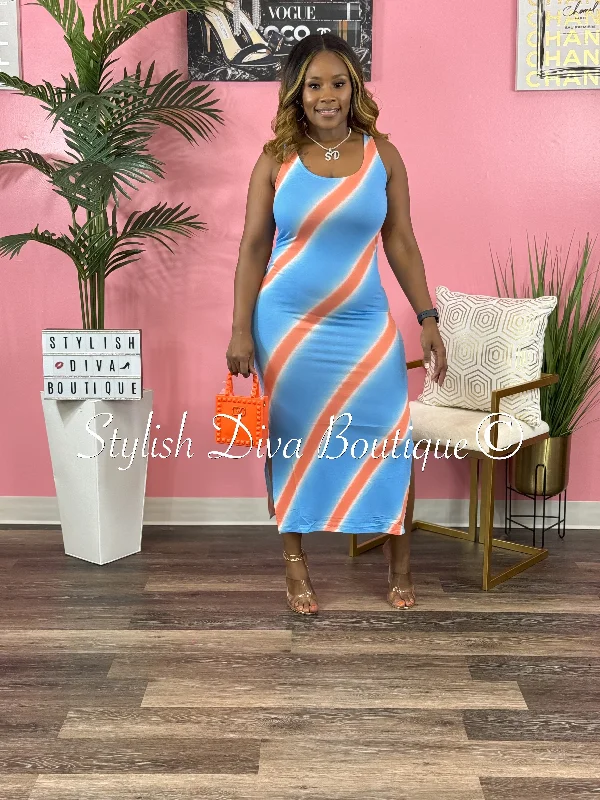 midi dresses in pastel colorsPhoebe Striped Sleeveless Midi Dress (Sky Blue/Coral)