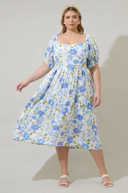 fitted midi dresses"She's So Beautiful" Plus Floral Puff Sleeve Midi Dress