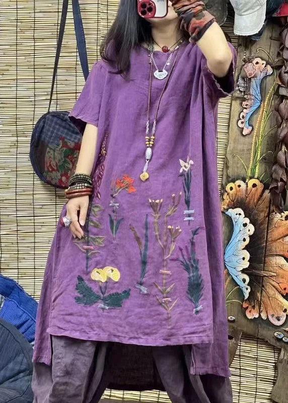 tulle midi dressesPlus Size Purple O Neck Embroidered Linen Mid Dresses Summer