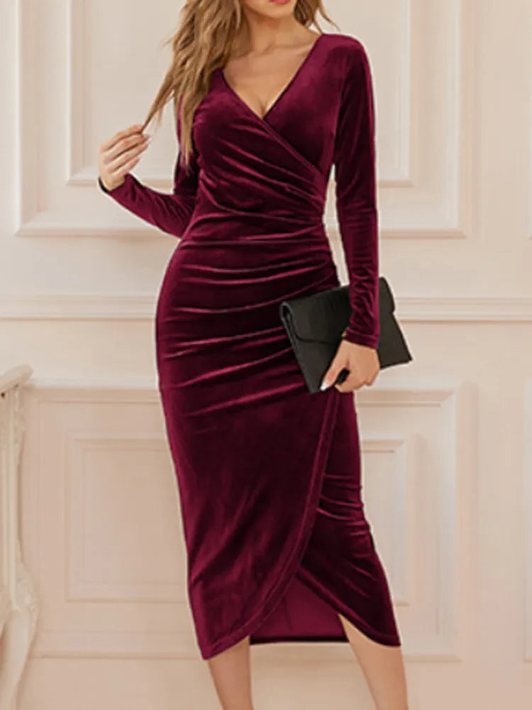 lined midi dressesDressBetty - 2024 Sexy Velvet Split Ruched V-neck Midi Bodycon Dress