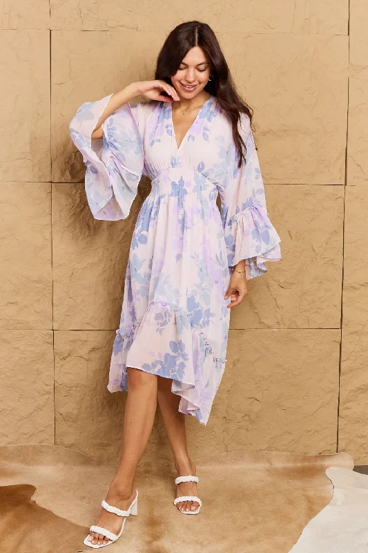 casual midi dressesTake Me With You Floral Bell Sleeve Midi Dress in Blue