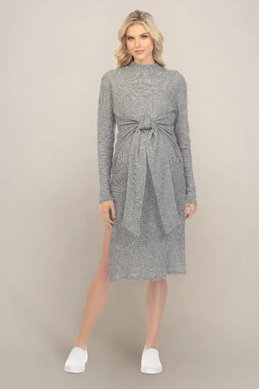 maxi-length midi dressesGray Charcoal Long Sleeve Maternity Midi Dress with Bow Front