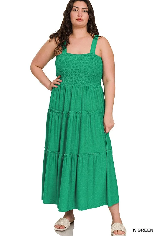 midi sheath dressesKelly Green Smocked Top Tiered Midi Dress