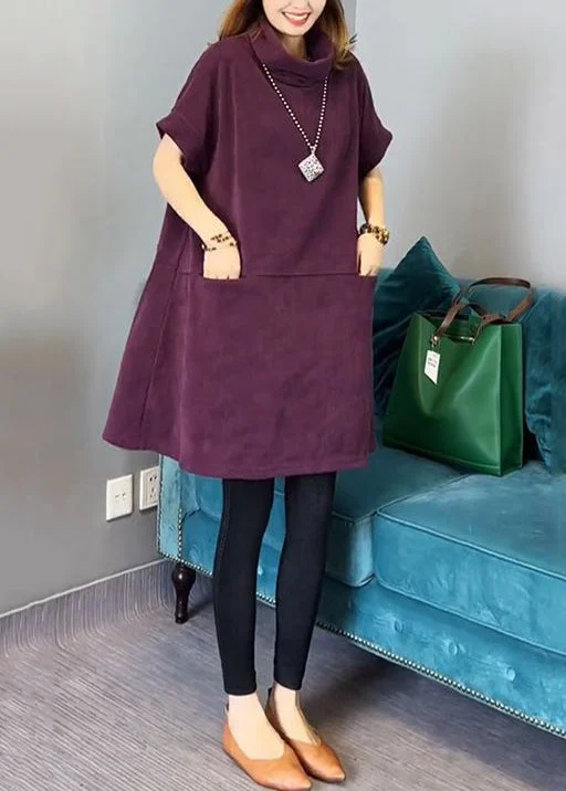 midi dresses made of silkNew Purple Turtleneck Pockets Cotton Mid Dress Short Sleeve